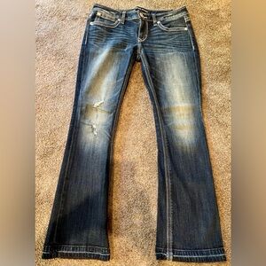Express like new low rise barely boot jeans in medium dark denim.  Size 6 short.